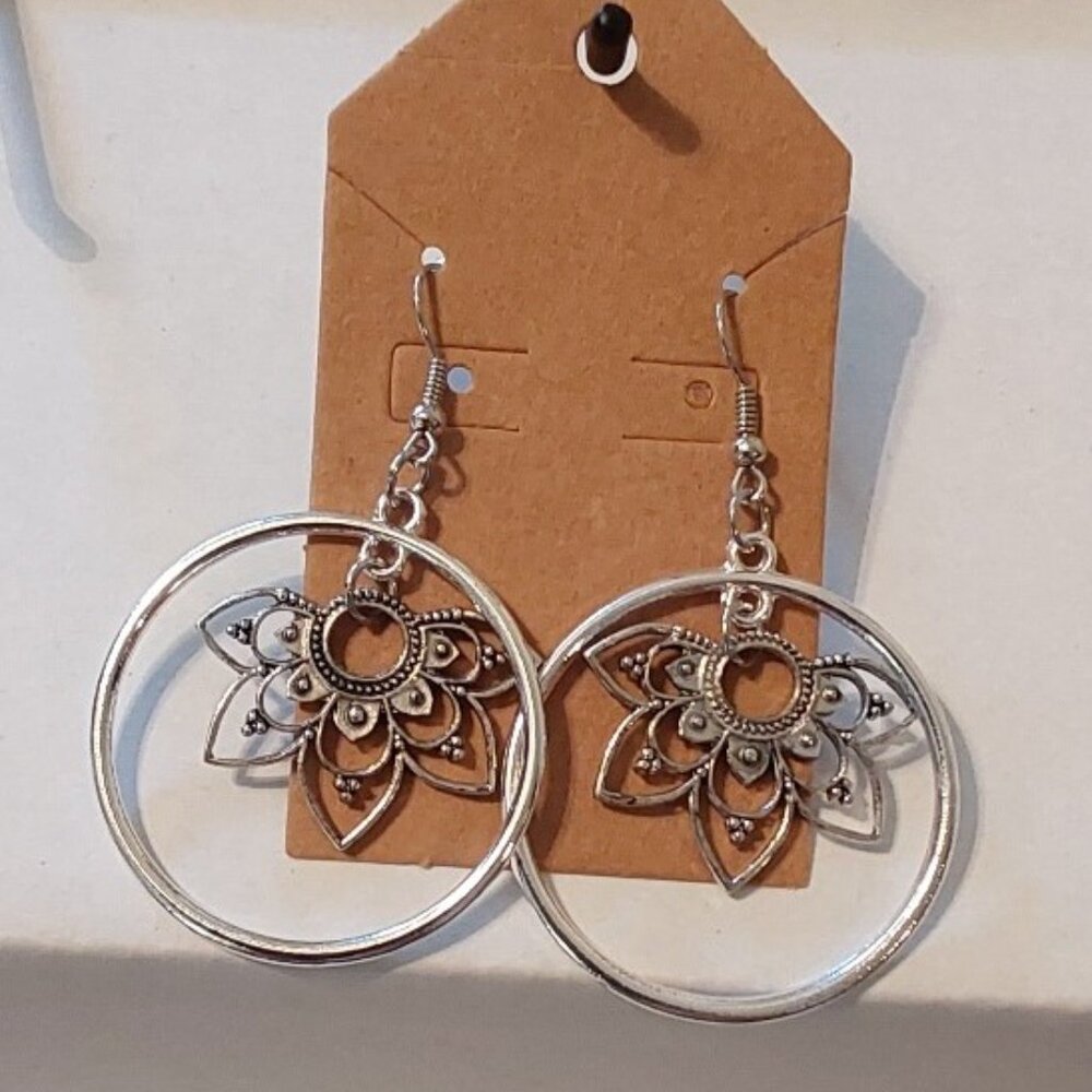 Silver tone lotus flower wire earrings